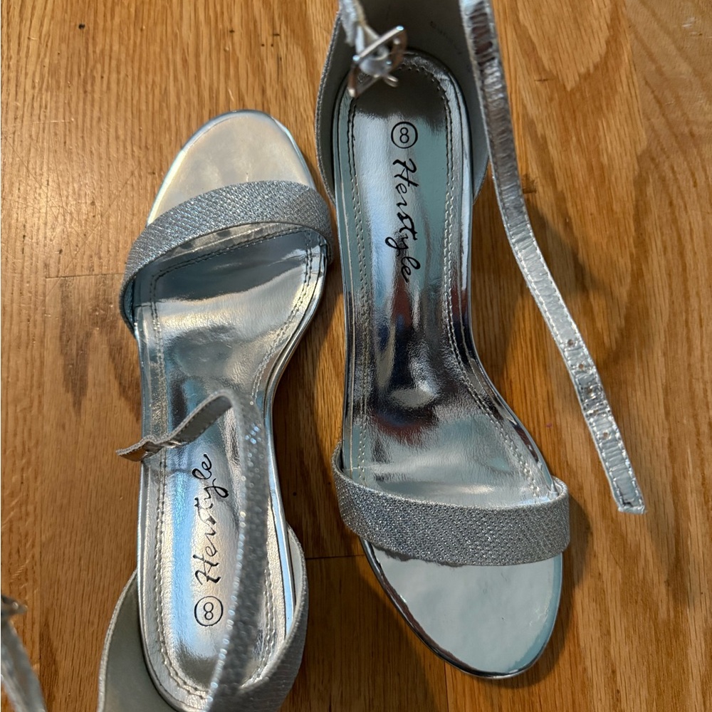 Herstyle Silver Heeled Sandals with Ankle Strap